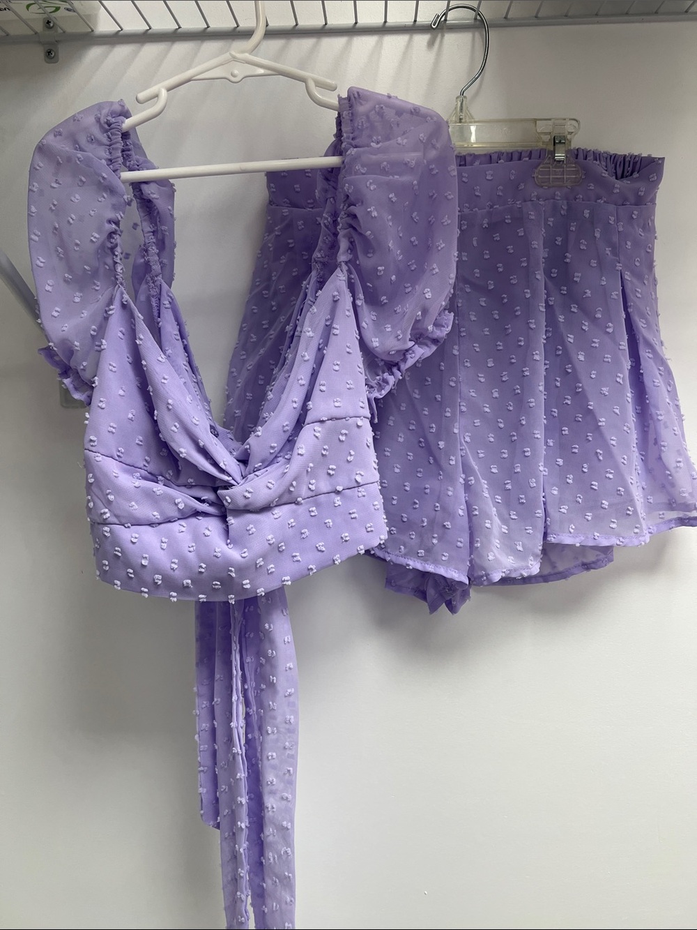 SHEIN Lavender Swiss Dot Puff Sleeve Crop Top & High-Waist Shorts Set